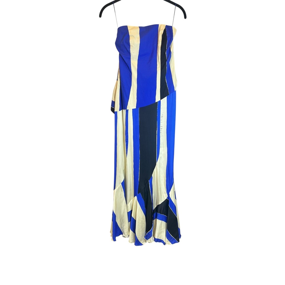 LAAGAM Blue Cream Black Striped Strapless Tie Back Maxi Dress Small
